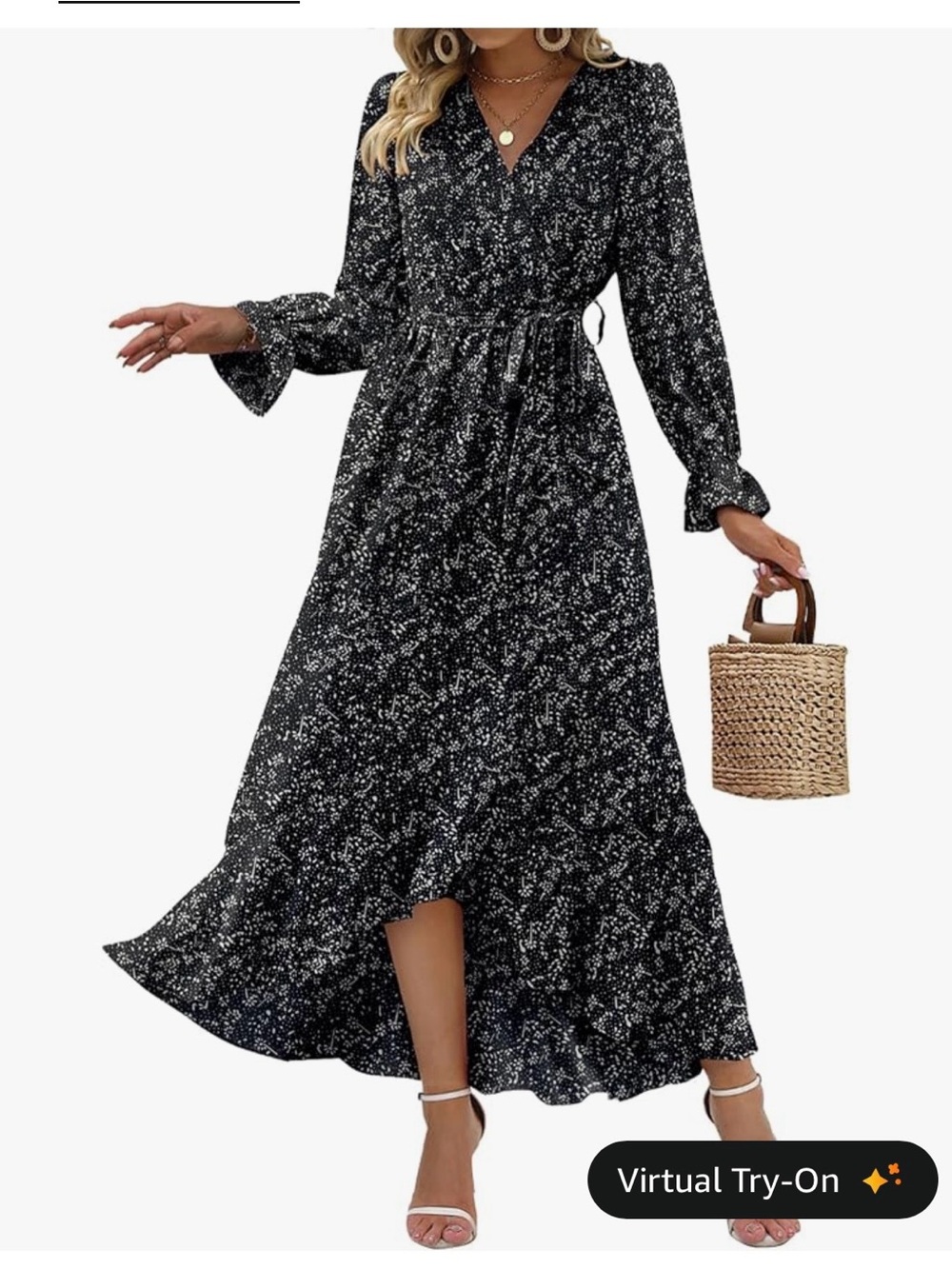 Black Floral V-Neck Long Sleeve Maxi Dress
